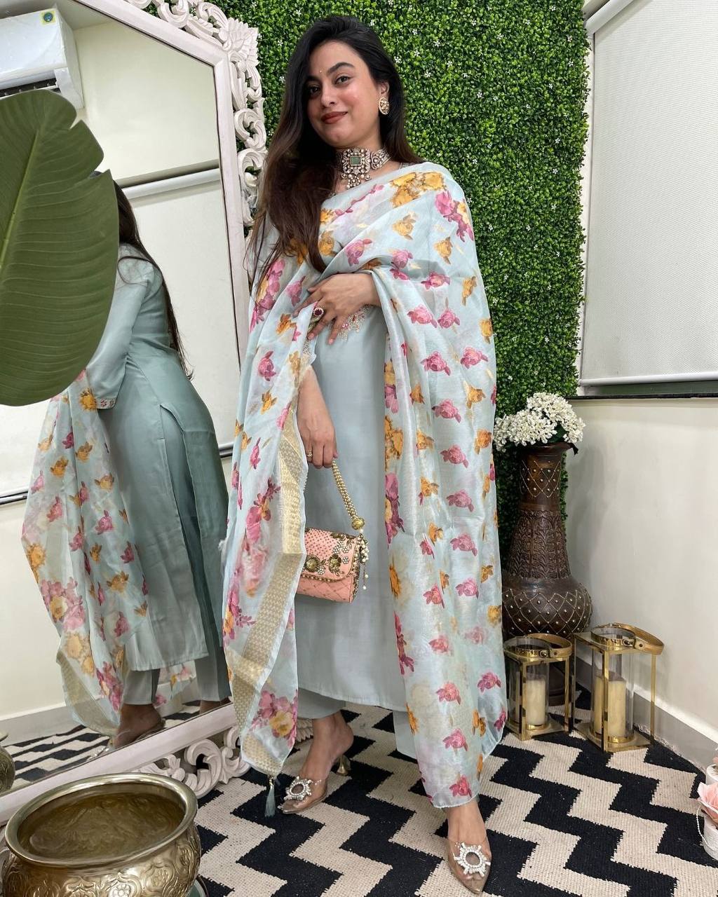 Sky Viscose Chanderi Kurta Pant Set With Heavy Thread Embroidery Work With Jacquard Butti Dupatta