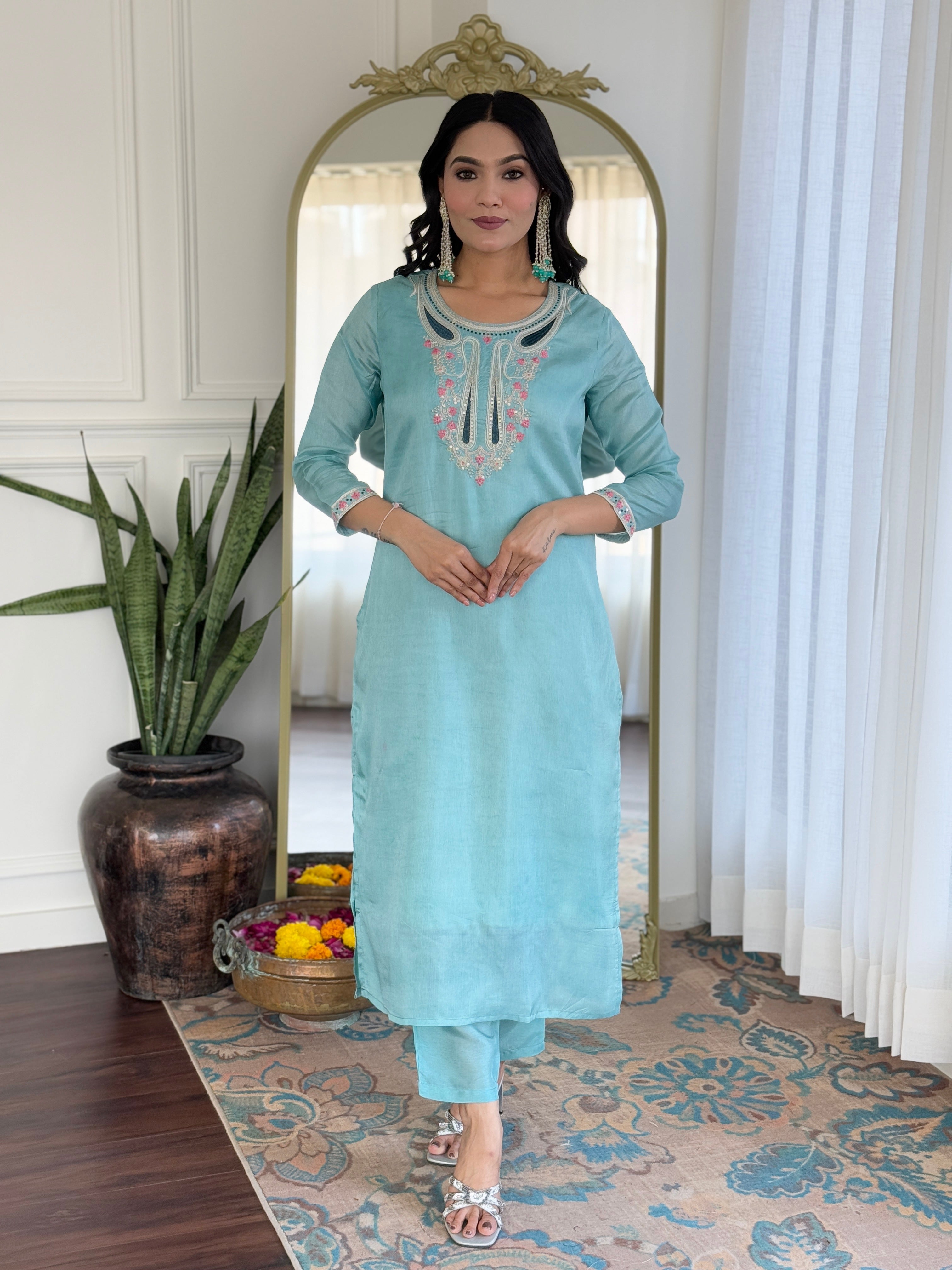 Sky Viscose Elegant Kurta Pant Set With Embroidery Work