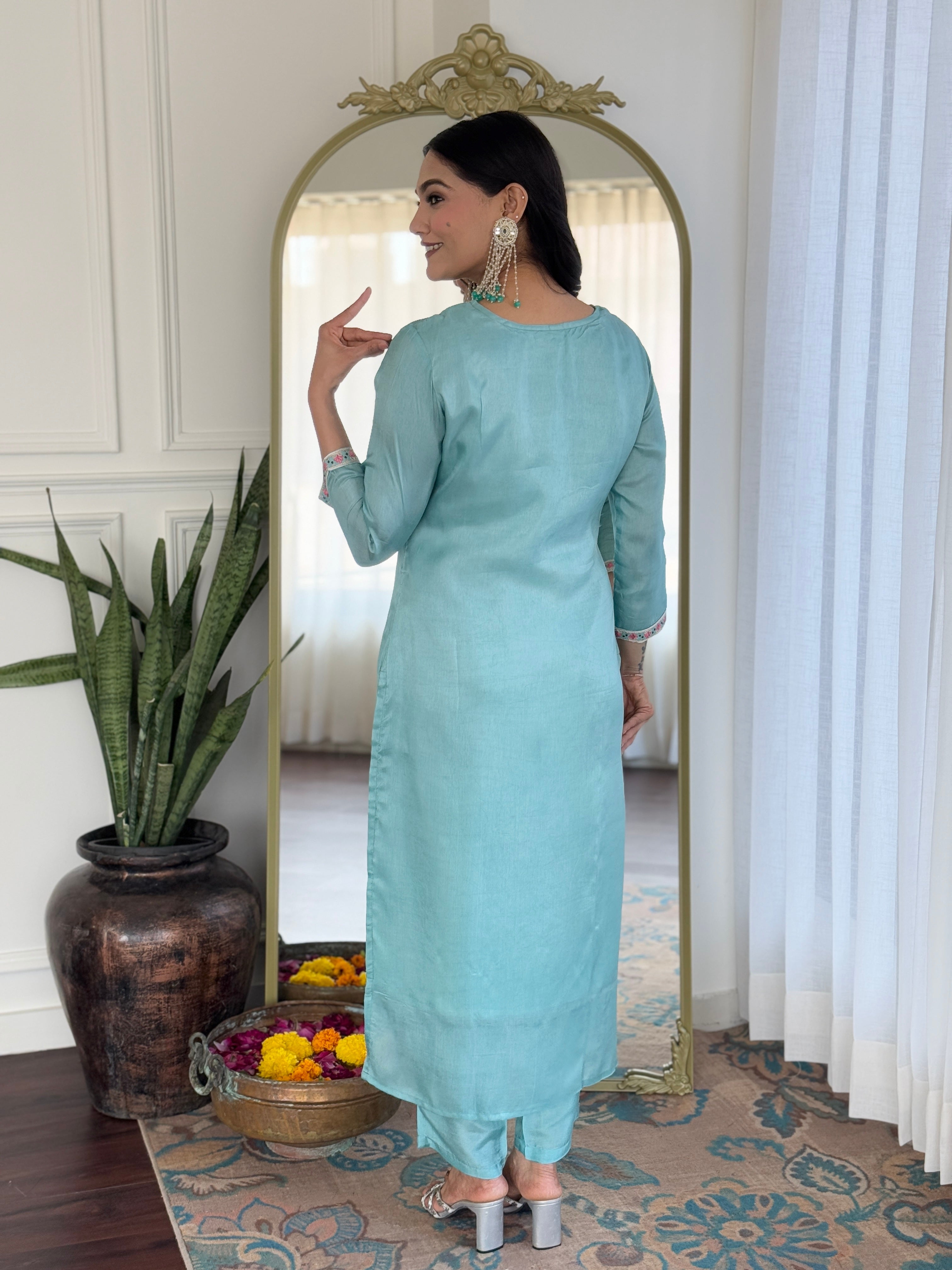 Sky Viscose Elegant Kurta Pant Set With Embroidery Work