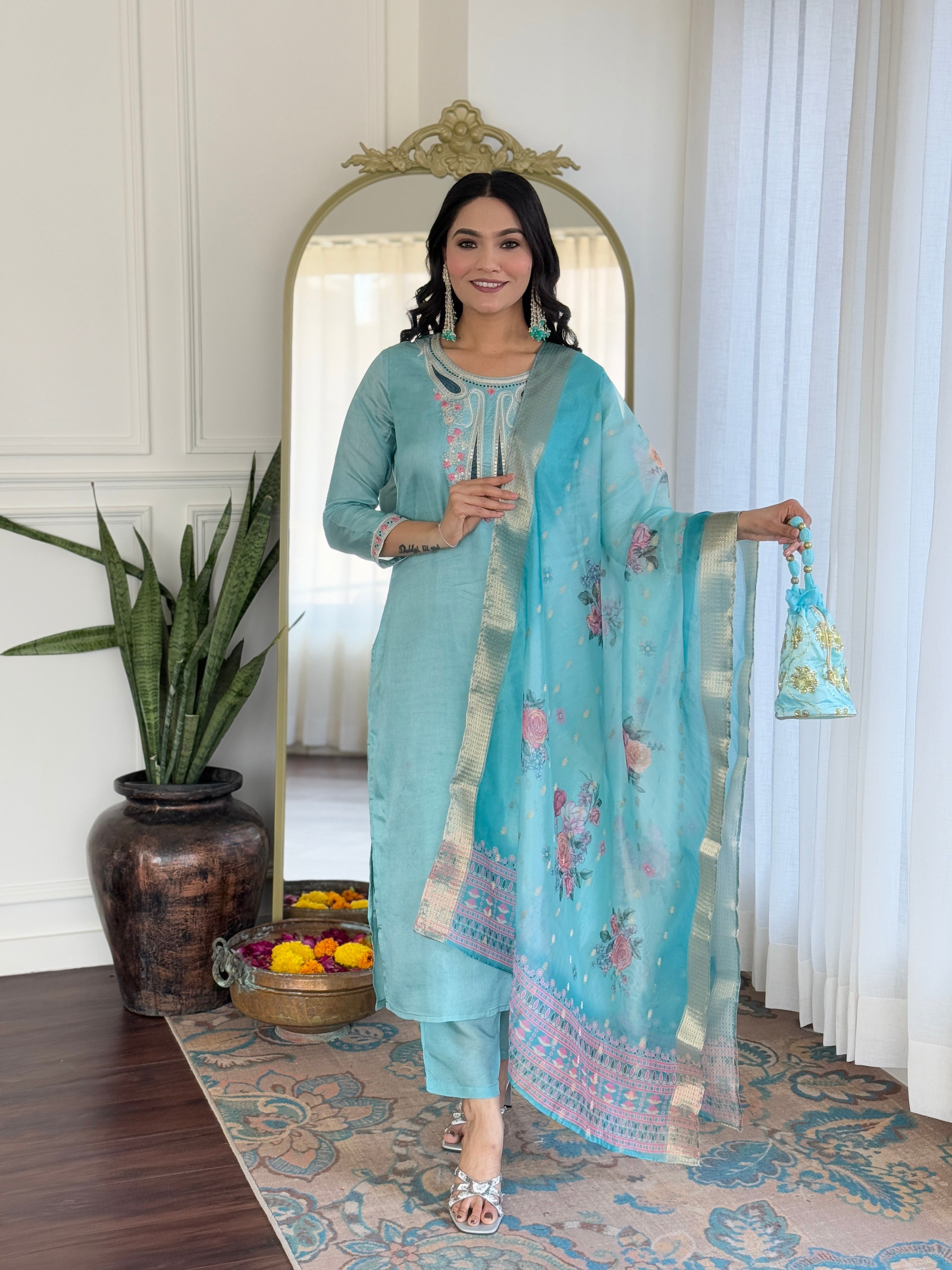 Sky Viscose Elegant Kurta Pant Set With Embroidery Work