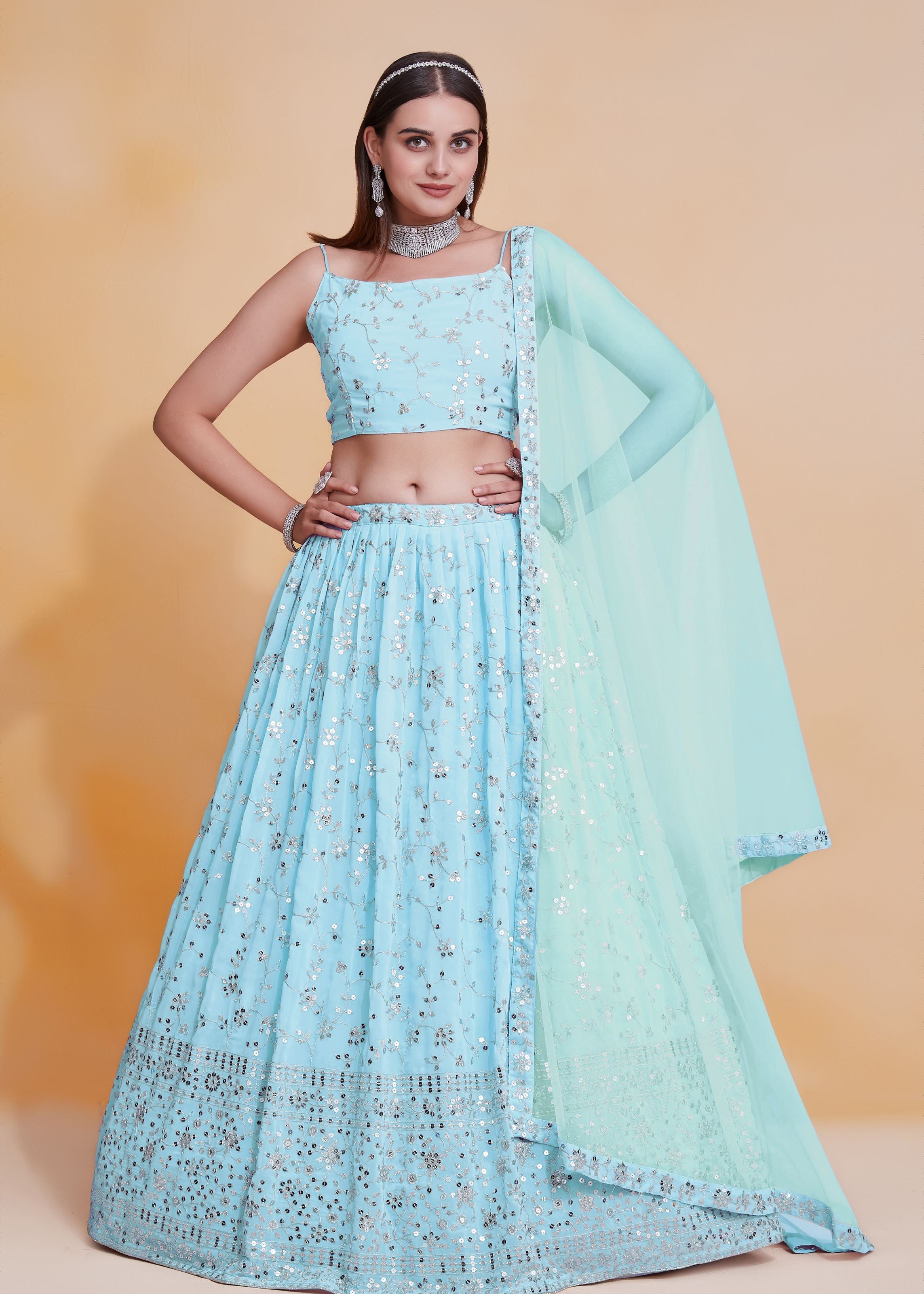 Skyblue  Georgette Sequence Embroidery Work Lehenga Choli