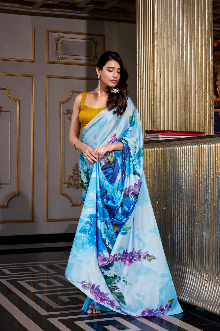 Sky blue Printed Satin Silk Saree with Smooth Elegance