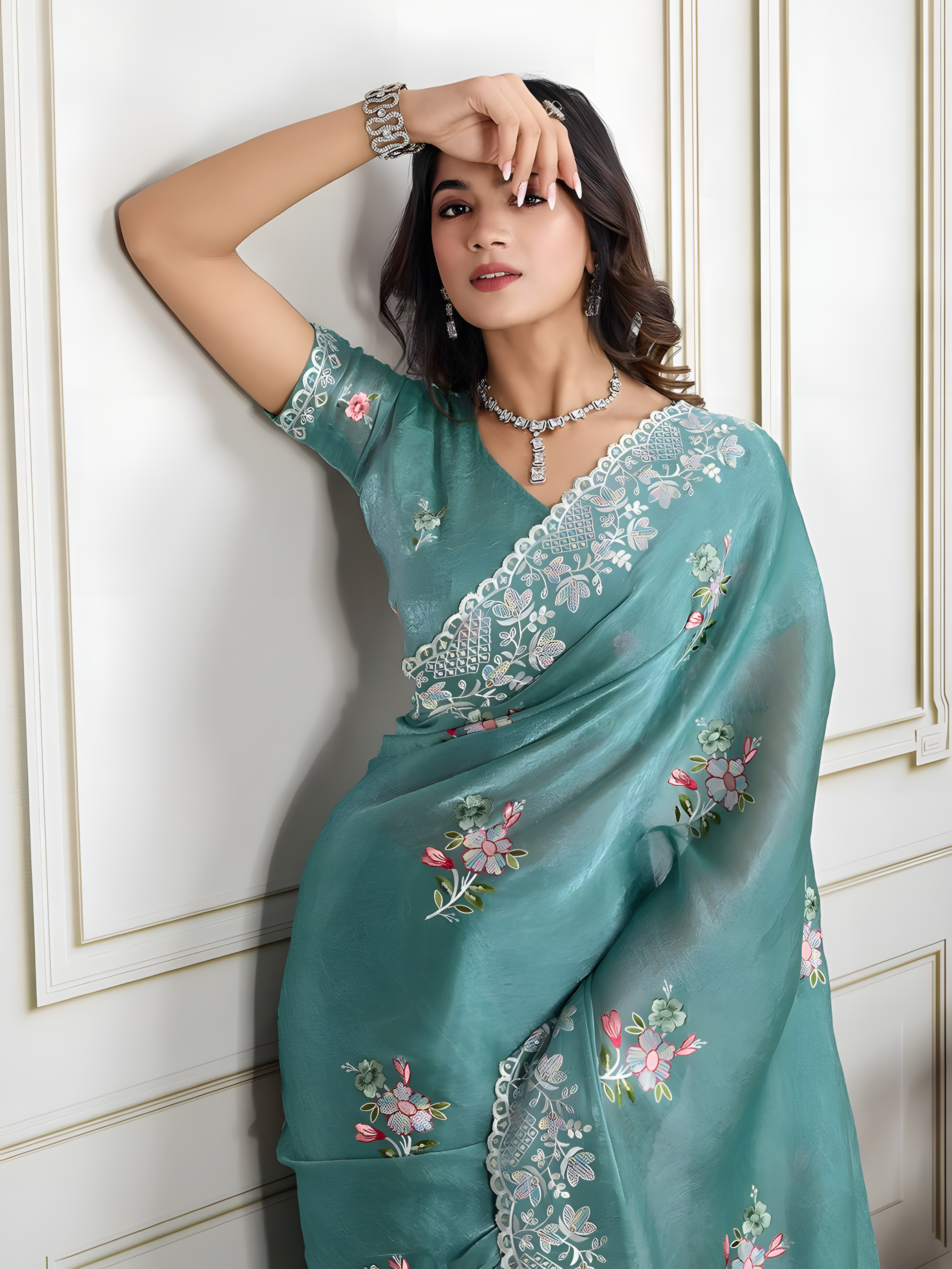 Sky blue Soft Crunchy silk Saree with Digital Print with  Thread Sequins Embroidery Work