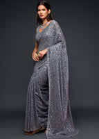 Slate Grey Georgette Saree with Thread Embroidery and Sequins Work