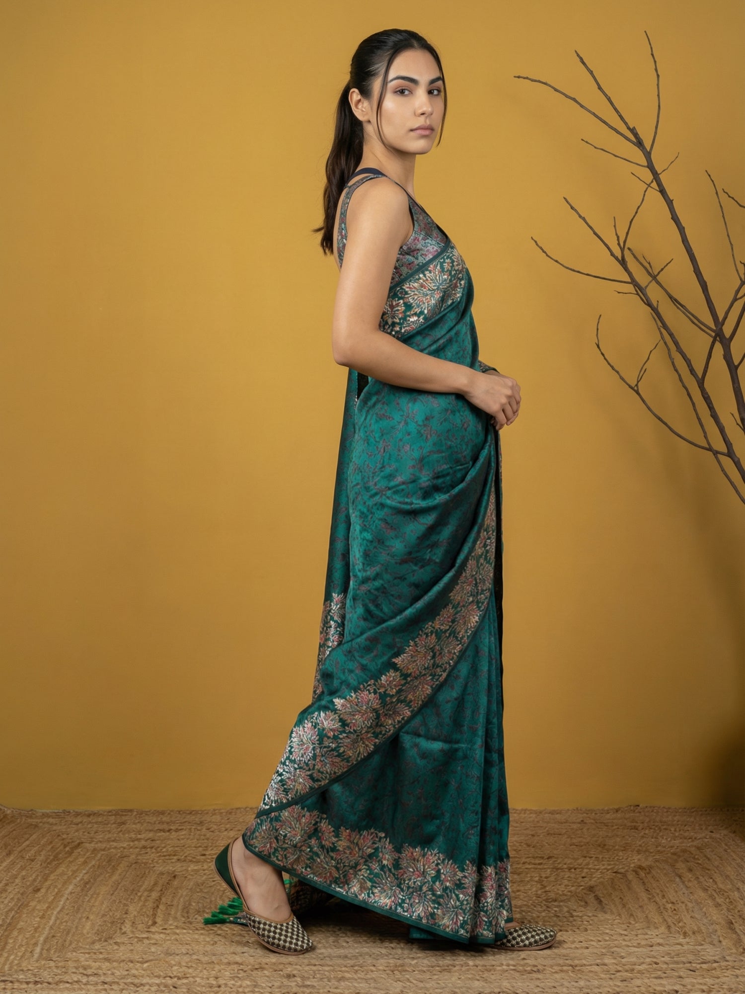 Sophisticated Teal Soft Silk Saree with Modern Print & Woven Work