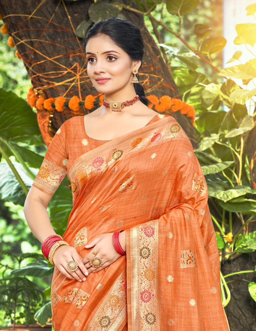 Splendid Orange Assam Silk Meenakari Festival Saree