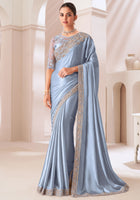 Steel Blue Saree With Heavy Embroidered Work