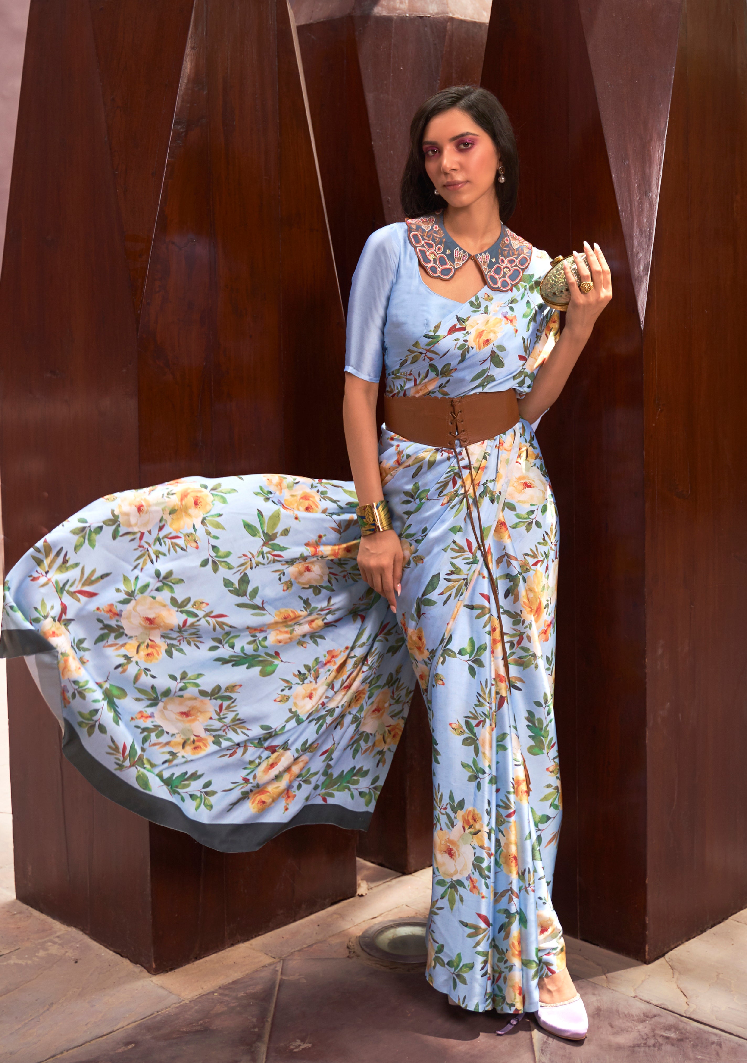 Steel Blue Satin Crepe  Saree With Digital Printed Work