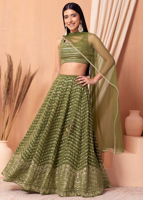 Stunning Green Zari Embroidered Georgette Mehendi Wear Lehenga Choli