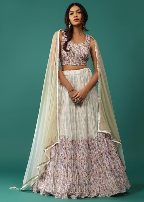 Stunning Off-White Floral Printed Georgette Traditional Lehenga Choli
