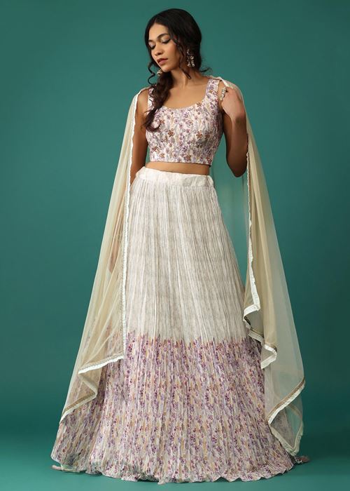 Stunning Off-White Floral Printed Georgette Traditional Lehenga Choli