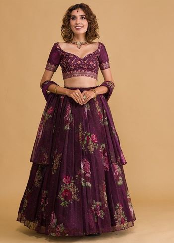 Stunning Wine Floral Digital Organza Festival Wear Lehenga Choli