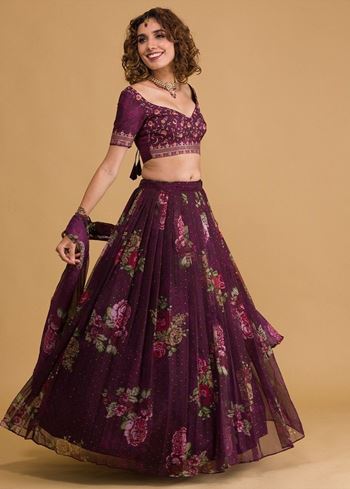 Stunning Wine Floral Digital Organza Festival Wear Lehenga Choli