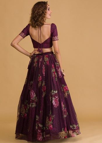 Stunning Wine Floral Digital Organza Festival Wear Lehenga Choli