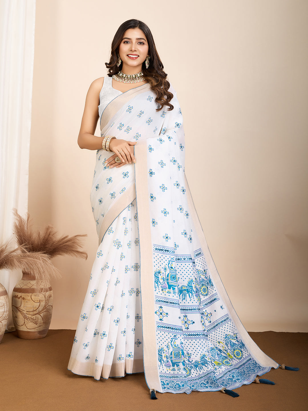 Table Printed Designer Hand Work Off White Blended Coton Saree