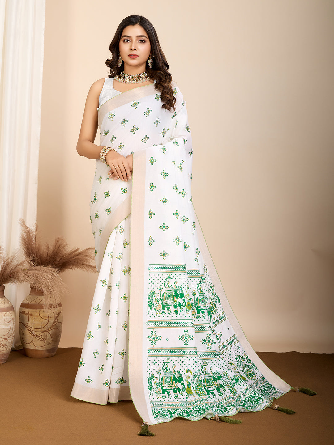 Table Printed Designer Hand Work Off White Blended Coton Saree