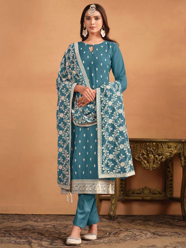 Teal-Blue Salwar Kameez With Thread Emboirdered Work