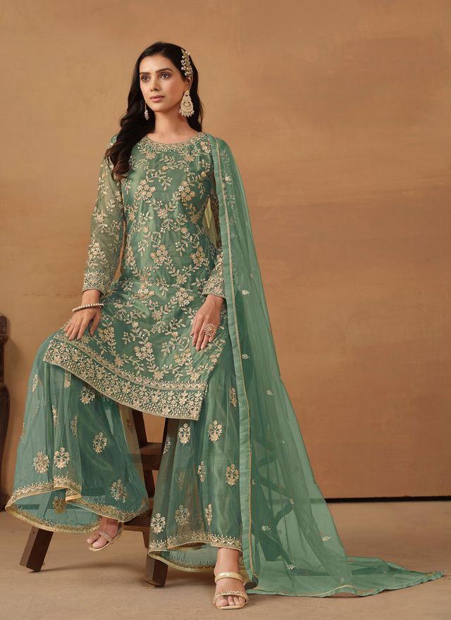 Teal-Green Salwar Kameez With Sequance Work