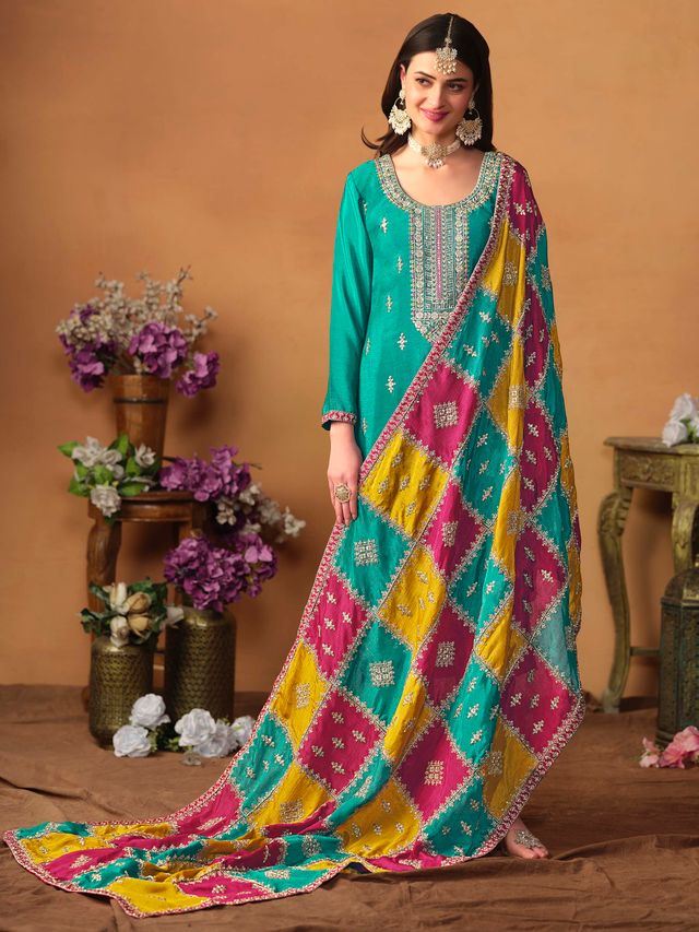 Teal-Green Salwar Kameez With Thread Emboirdered Work