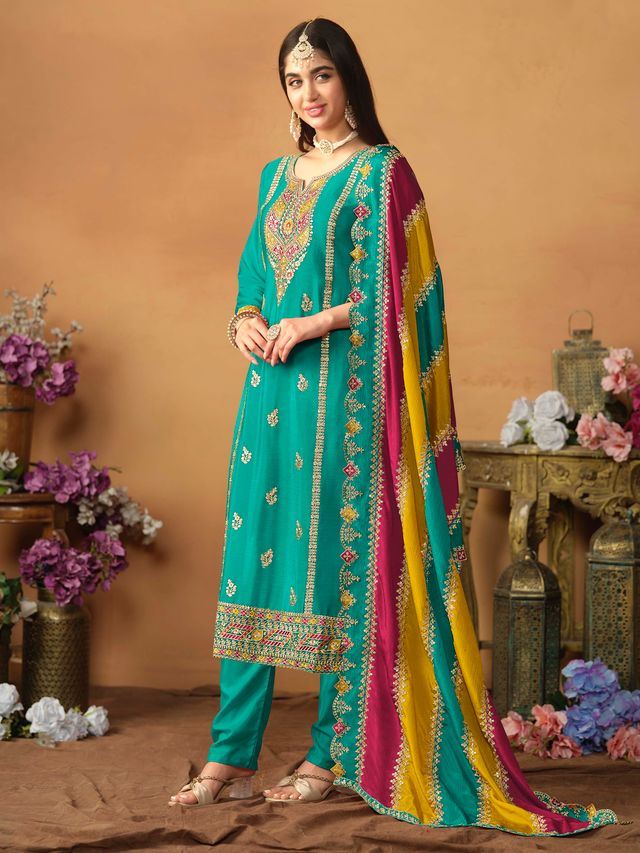 Teal-Green Salwar Kameez With Thread Emboirdered Work