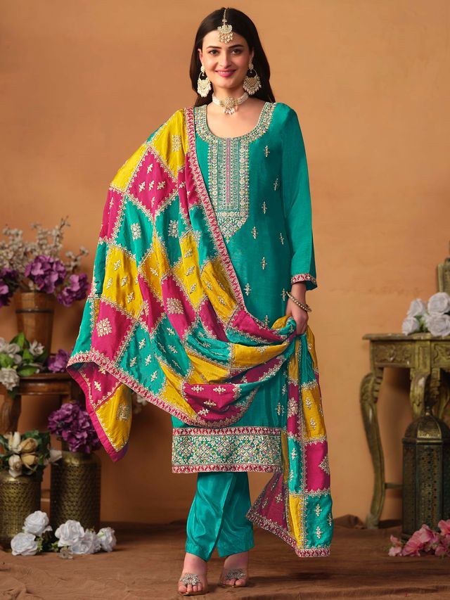 Teal-Green Salwar Kameez With Thread Emboirdered Work