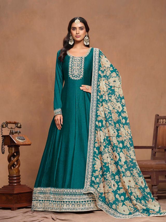 Teal Anarkali Suit With Heavy Thread Embroidery Sequins Work With Printed Dupatta