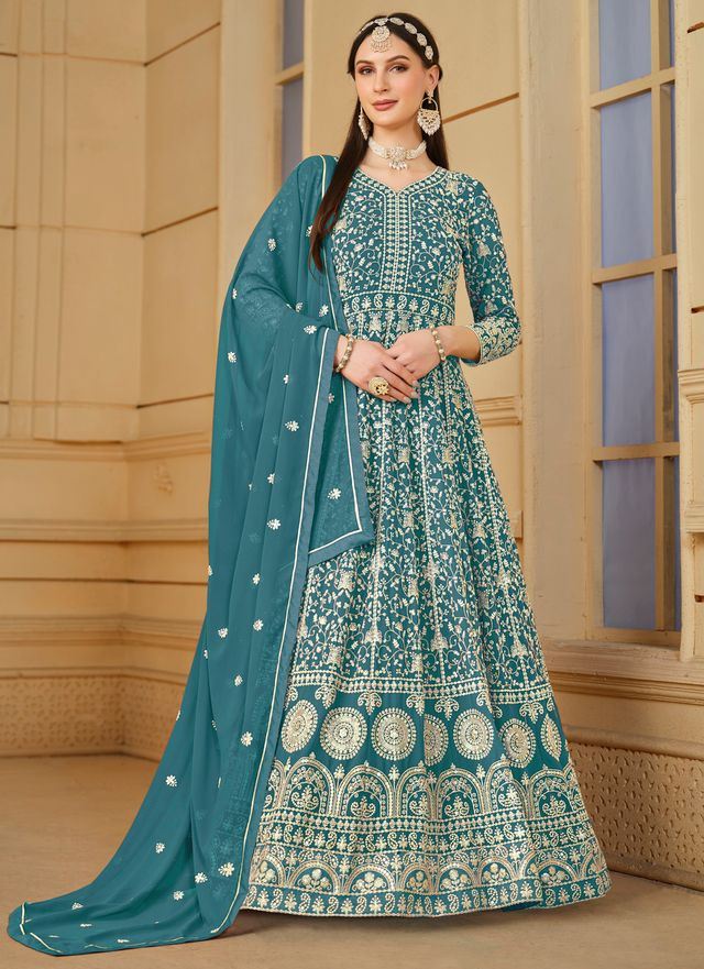 Teal Anarkali Suit With Heavy Thread Embroidery With Sequis Work
