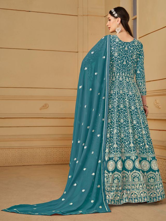 Teal Anarkali Suit With Heavy Thread Embroidery With Sequis Work