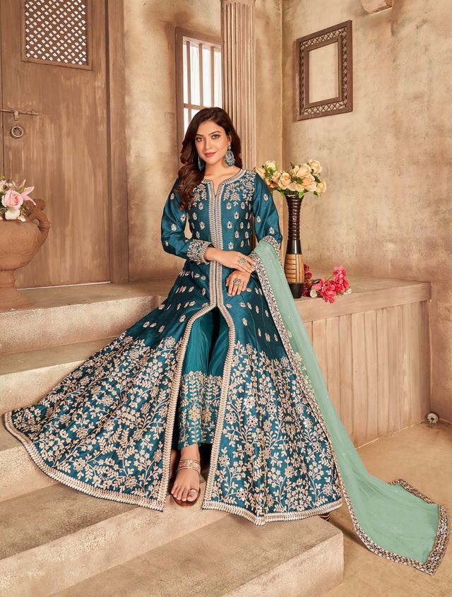 Teal Art Silk Thread Embroidery, Zari With Mirror Work  Anarkali Suits
