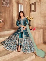 Teal Art Silk Thread Embroidery, Zari With Mirror Work  Anarkali Suits
