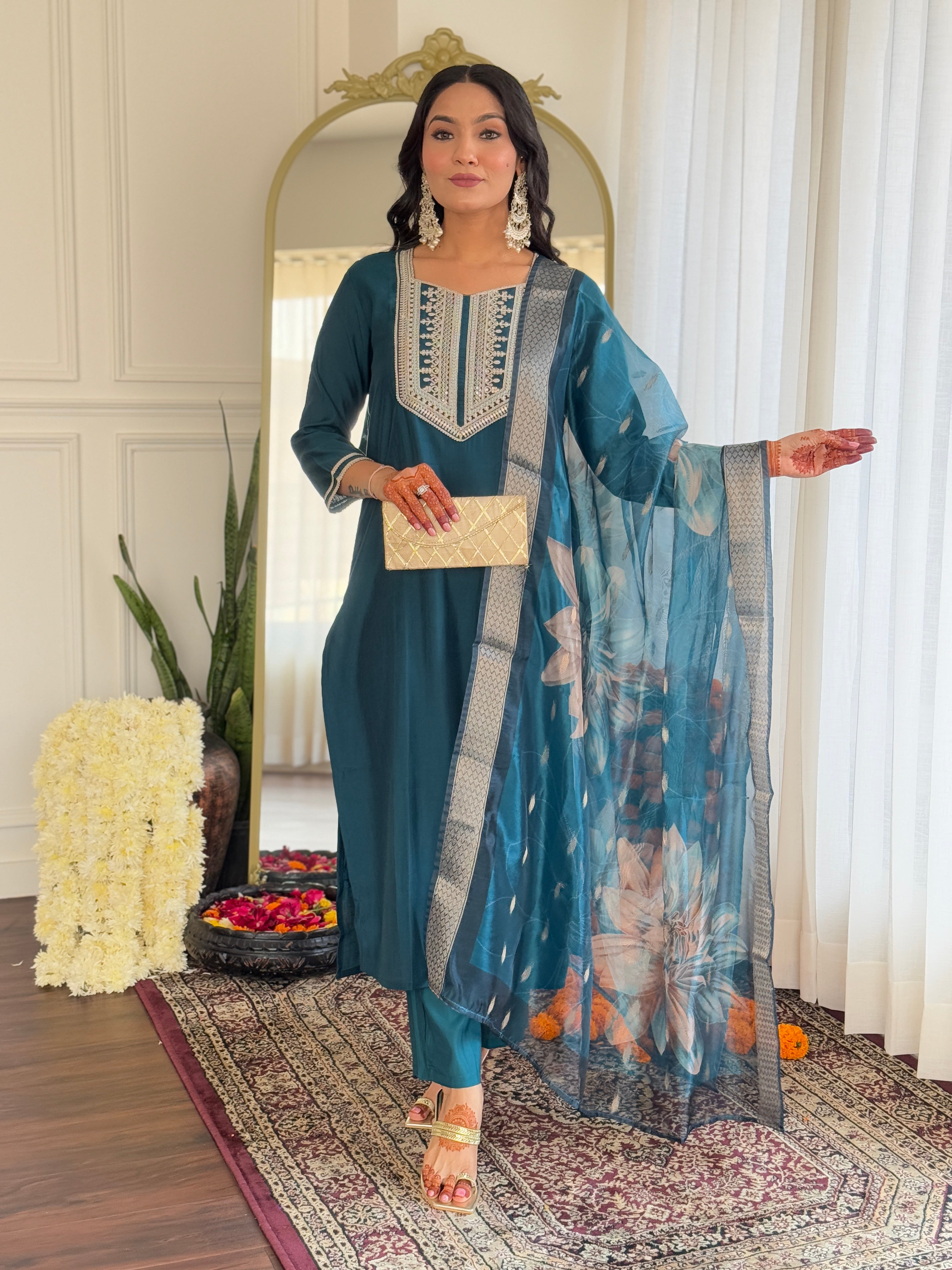 Teal BSY Viscose Elegant Kurta Pant Set With Embroidery Work