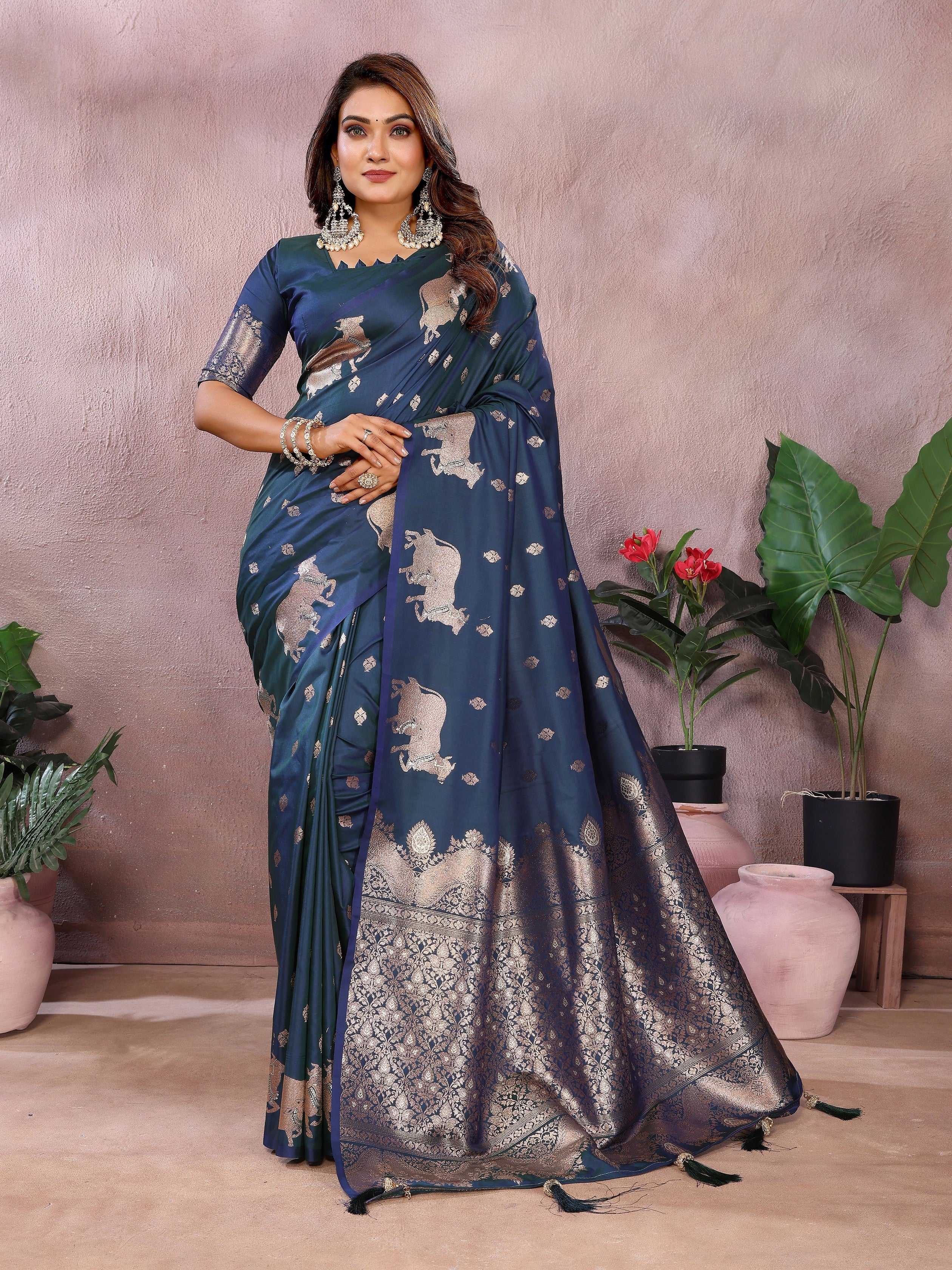 Teal Banarasi Silk Jacquard Weaving Designer Ceremonial Saree