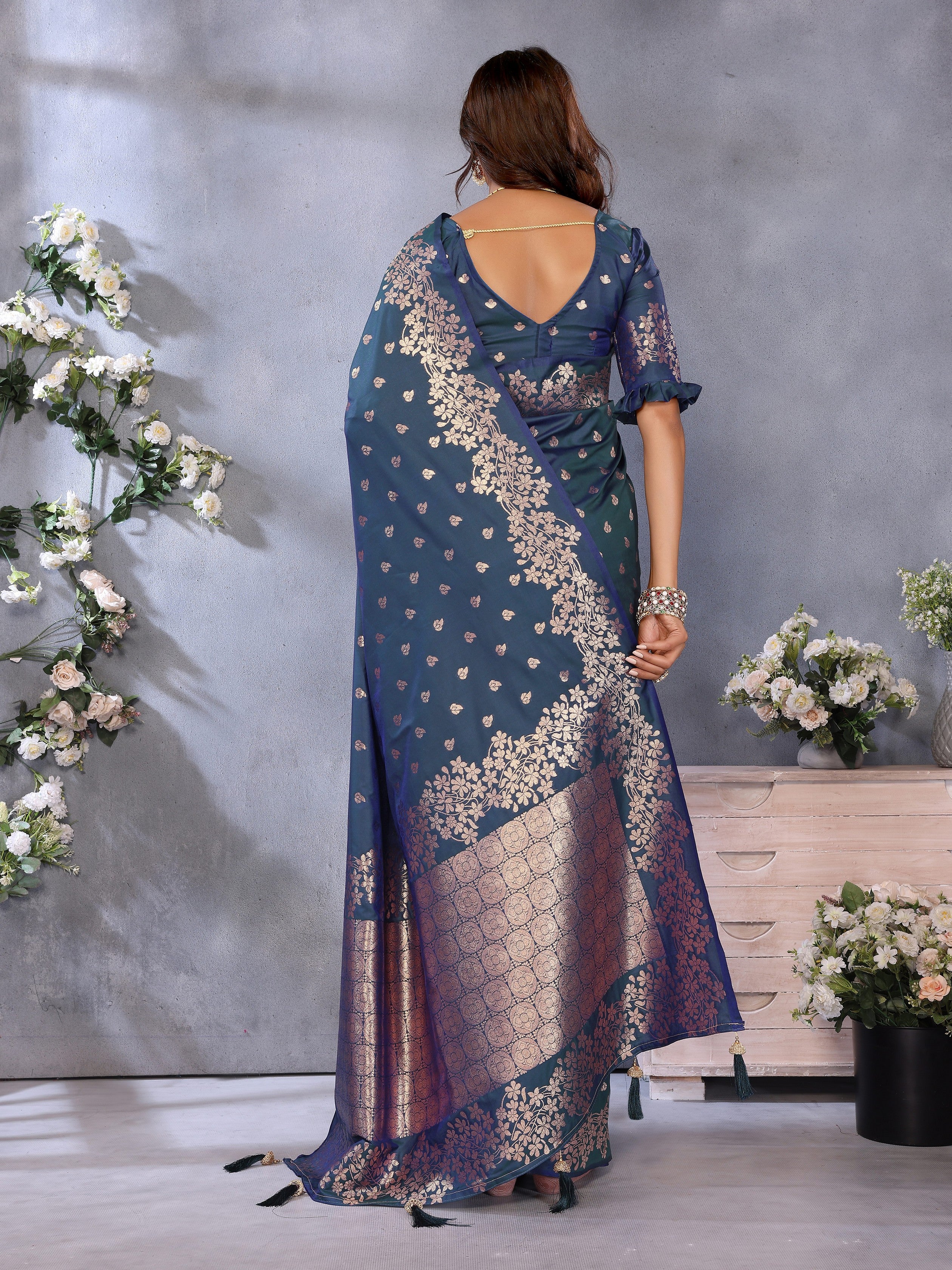 Teal Banarasi Silk Jacquard Weving Designer Floral Ceremonial Festive Saree