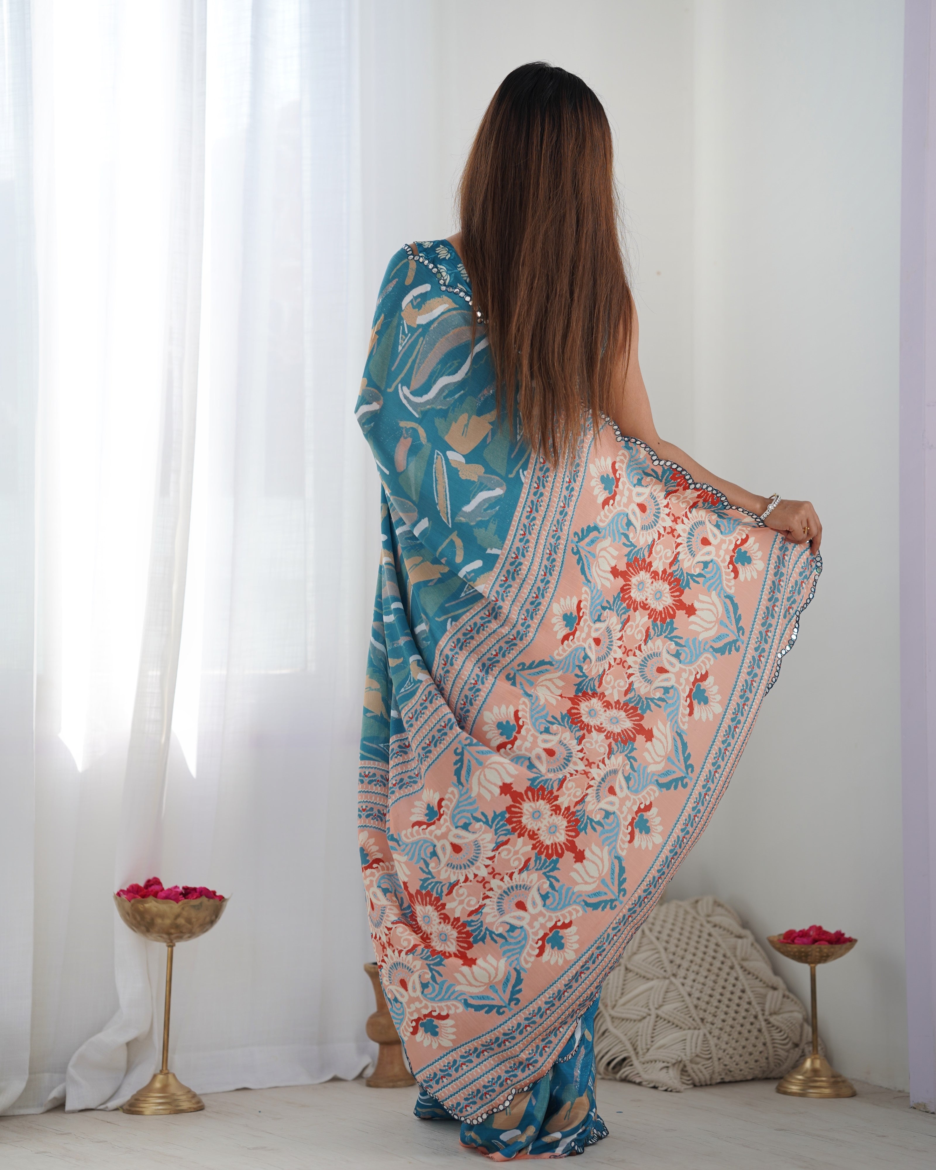Teal Beautiful Chinon Fabric Digital Printed Saree With Mirror Cut Work
