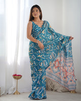 Teal Beautiful Chinon Fabric Digital Printed Saree With Mirror Cut Work