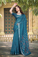 Teal Beautiful Designer Printed Saree With Woven Border