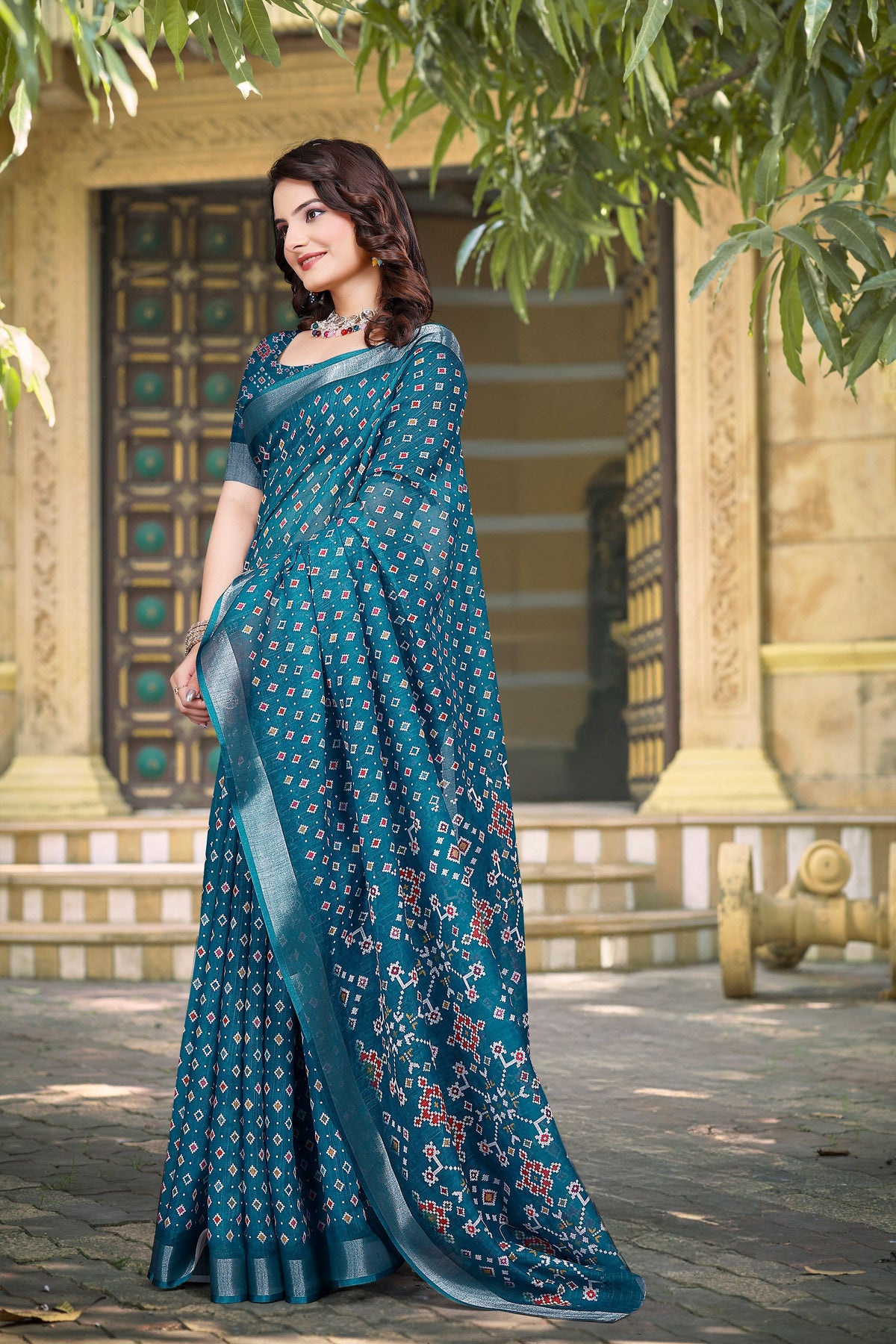 Teal Beautiful Designer Printed Saree With Woven Border