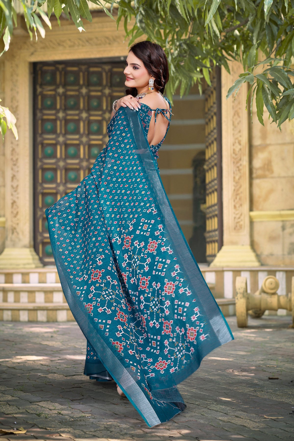 Teal Beautiful Designer Printed Saree With Woven Border