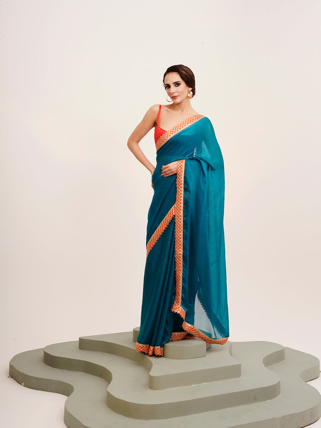 Teal Beautiful Partywear Embellished Sequinned Chiffon Saree