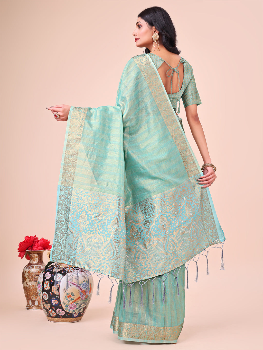 Teal Beautiful Woven Designer Organza Saree