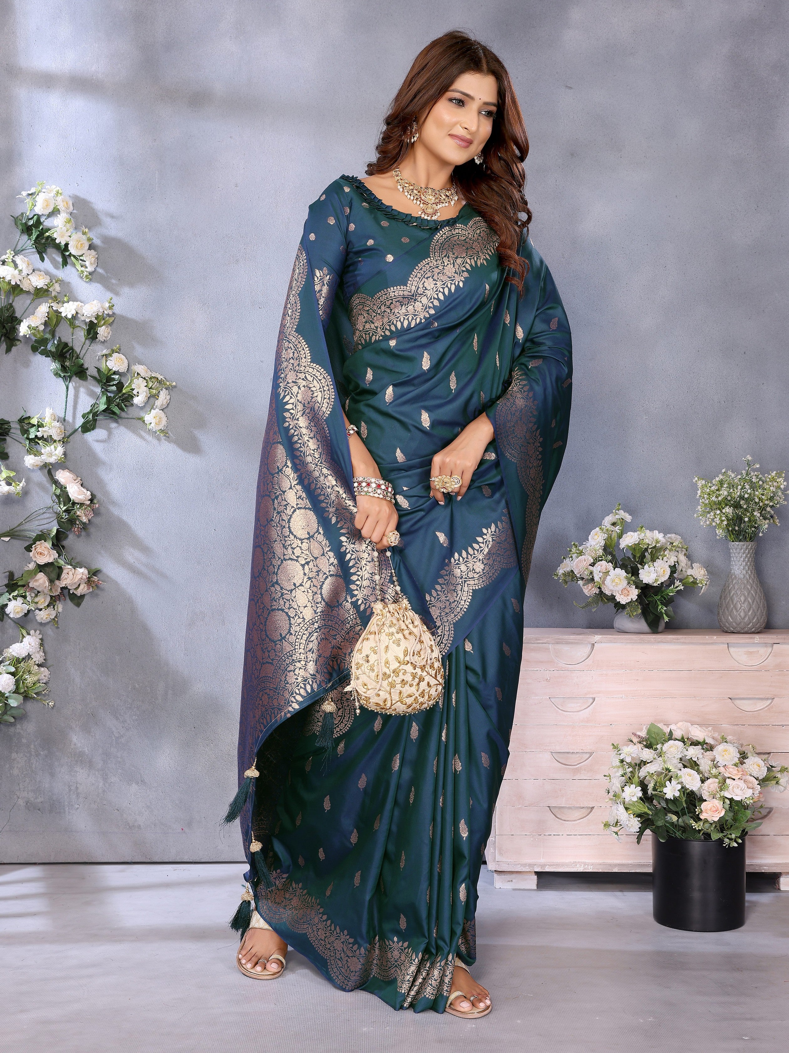 Teal Blue Banarasi Silk Jacquard Weaving Designer Partywear Traditional Saree