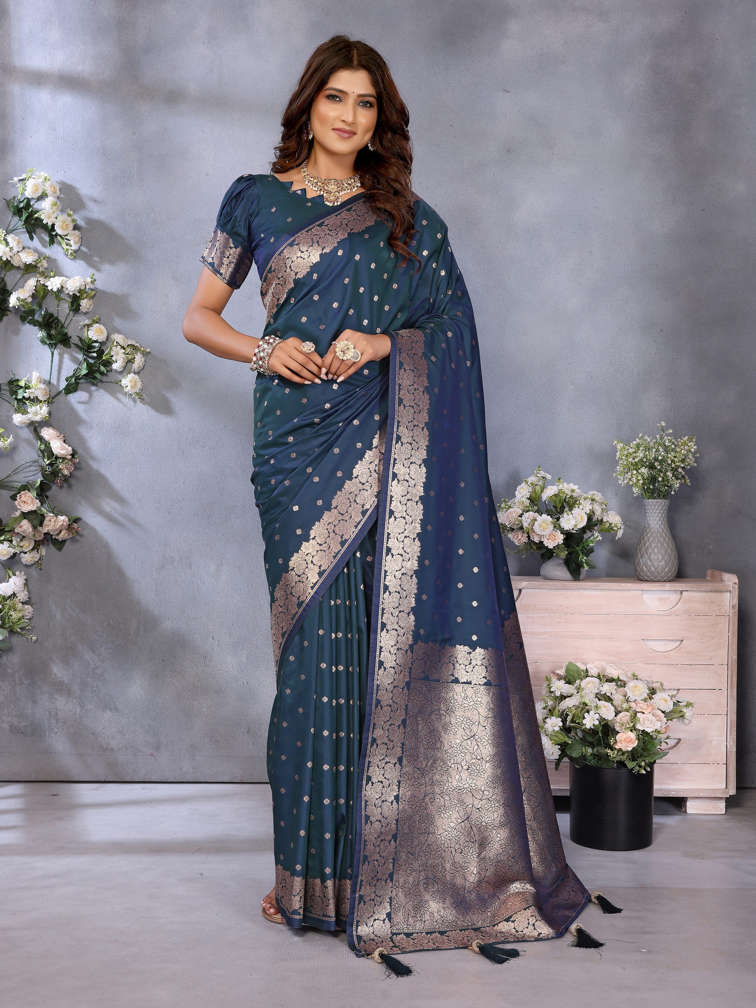 Teal Blue Banarasi Silk Jacquard Weving Designer Trendy Partywear Saree