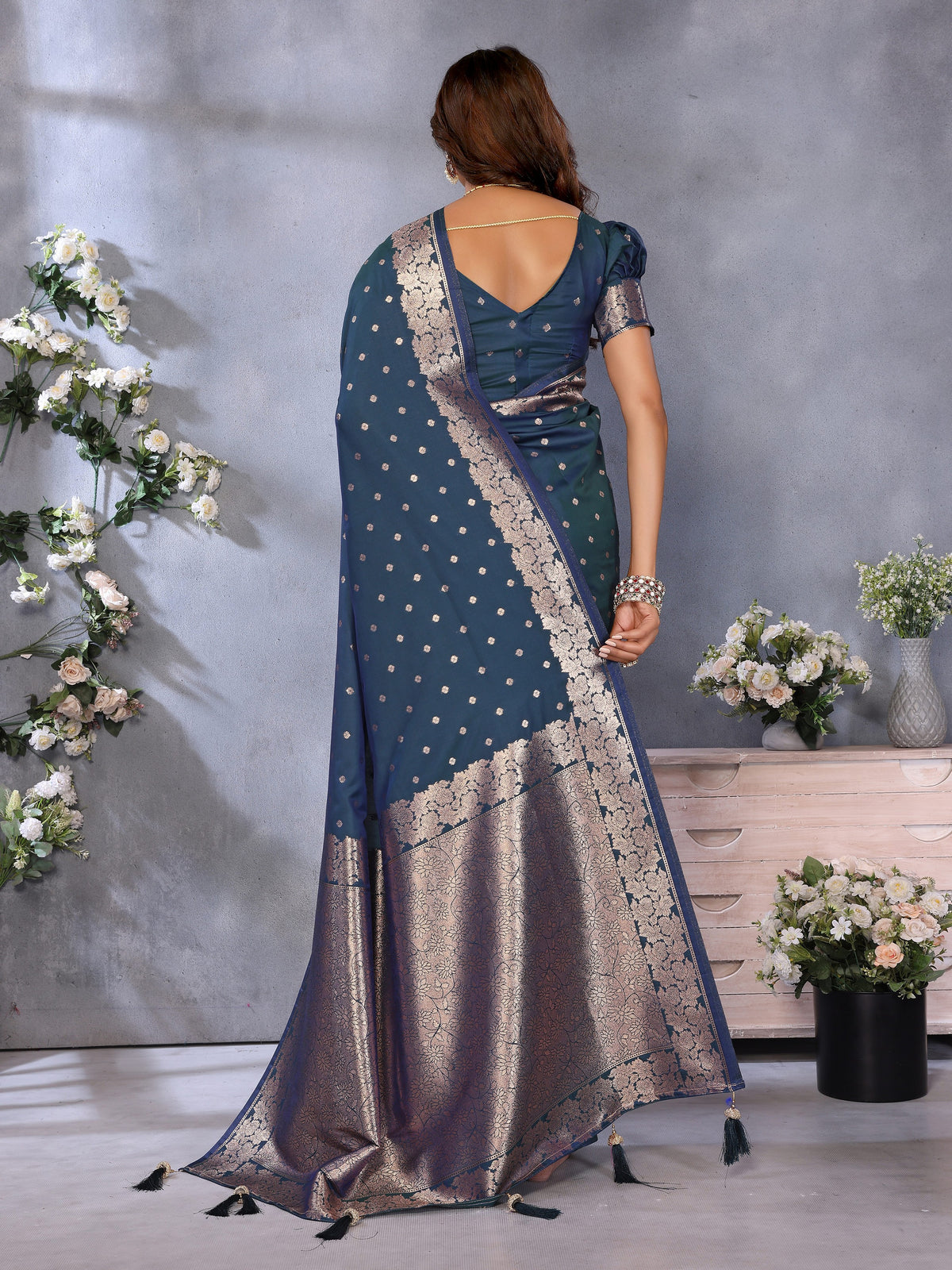 Teal Blue Banarasi Silk Jacquard Weving Designer Trendy Partywear Saree