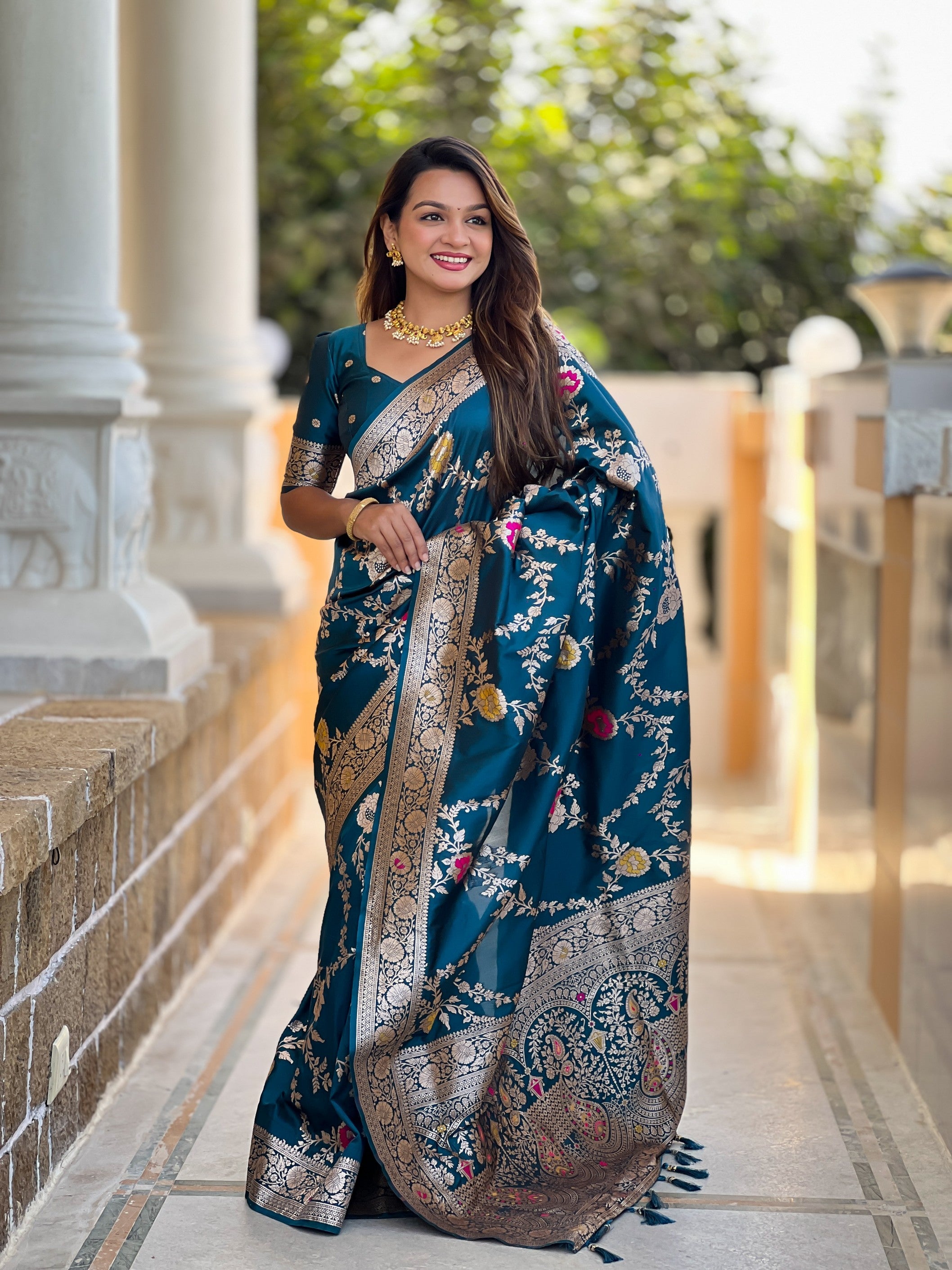 Teal Blue Banarasi Silk Saree With Traditional Woven Meenakari Designer Traditional Looks