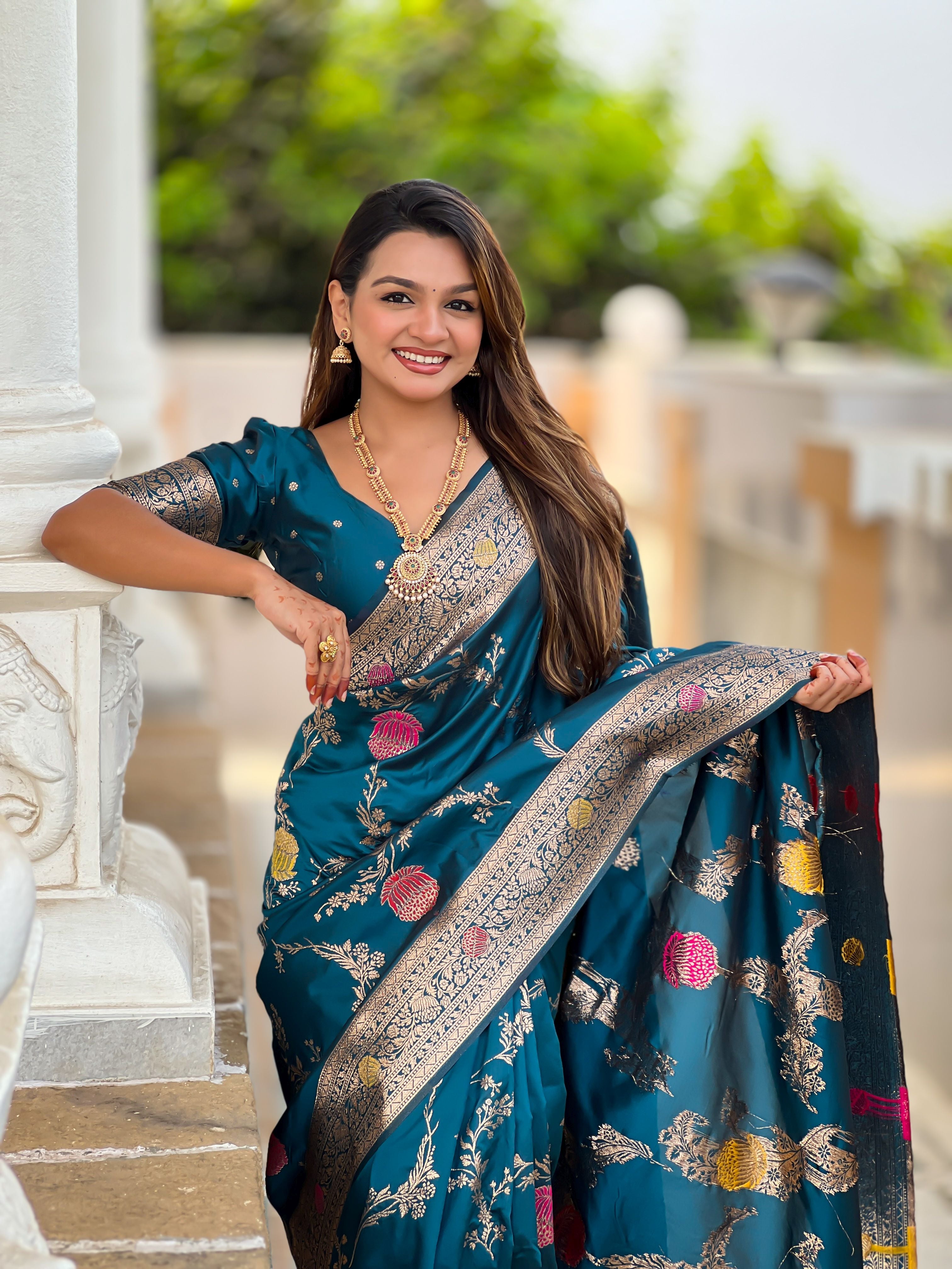 Teal Blue Beautiful Banarasi Silk Woven Meenakari Designer Graceful Ethnic Saree
