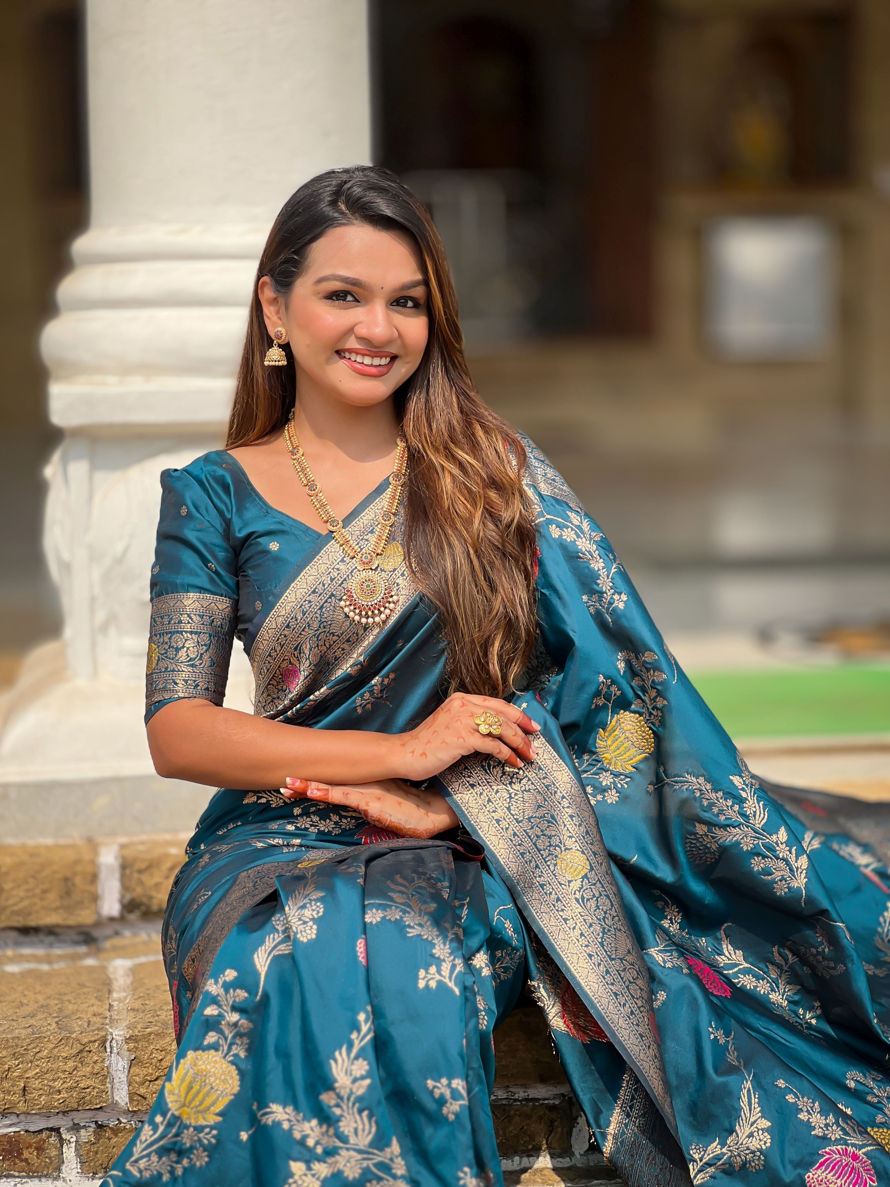 Teal Blue Beautiful Banarasi Silk Woven Meenakari Designer Graceful Ethnic Saree