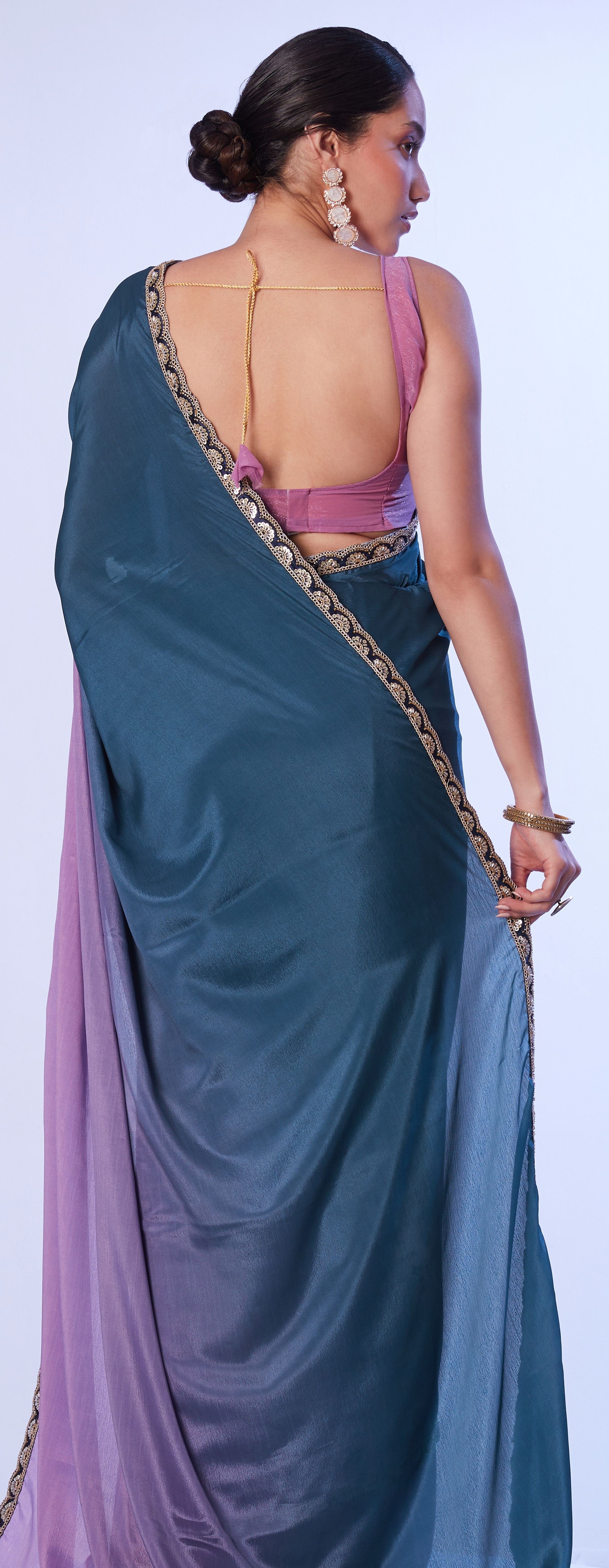Teal Blue Beautiful Chinon Solid Designer Bollywood Party Saree