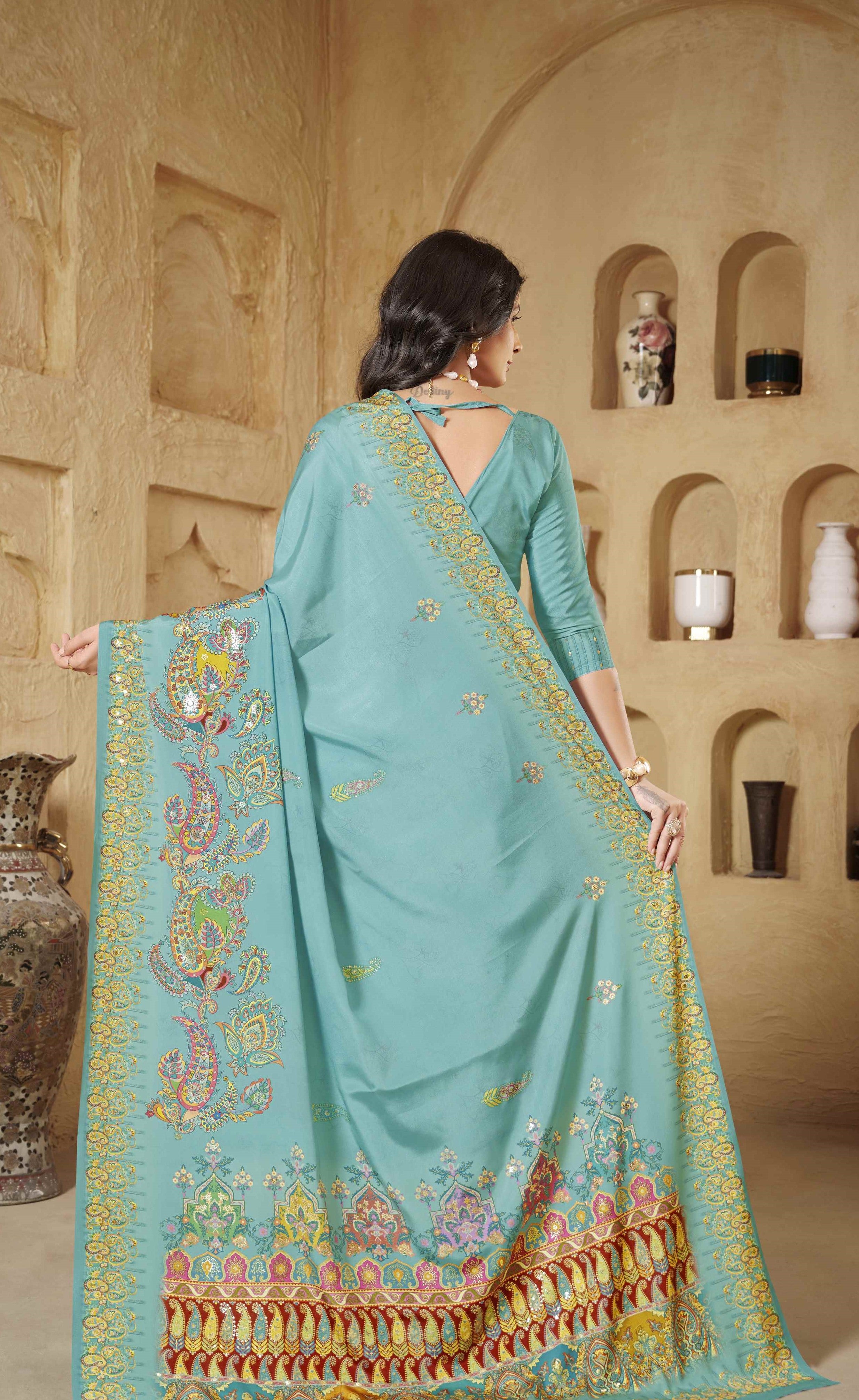 Teal Blue Beautiful Designer Position Digital Foil Printed Crepe Silk Designer Partywear Saree