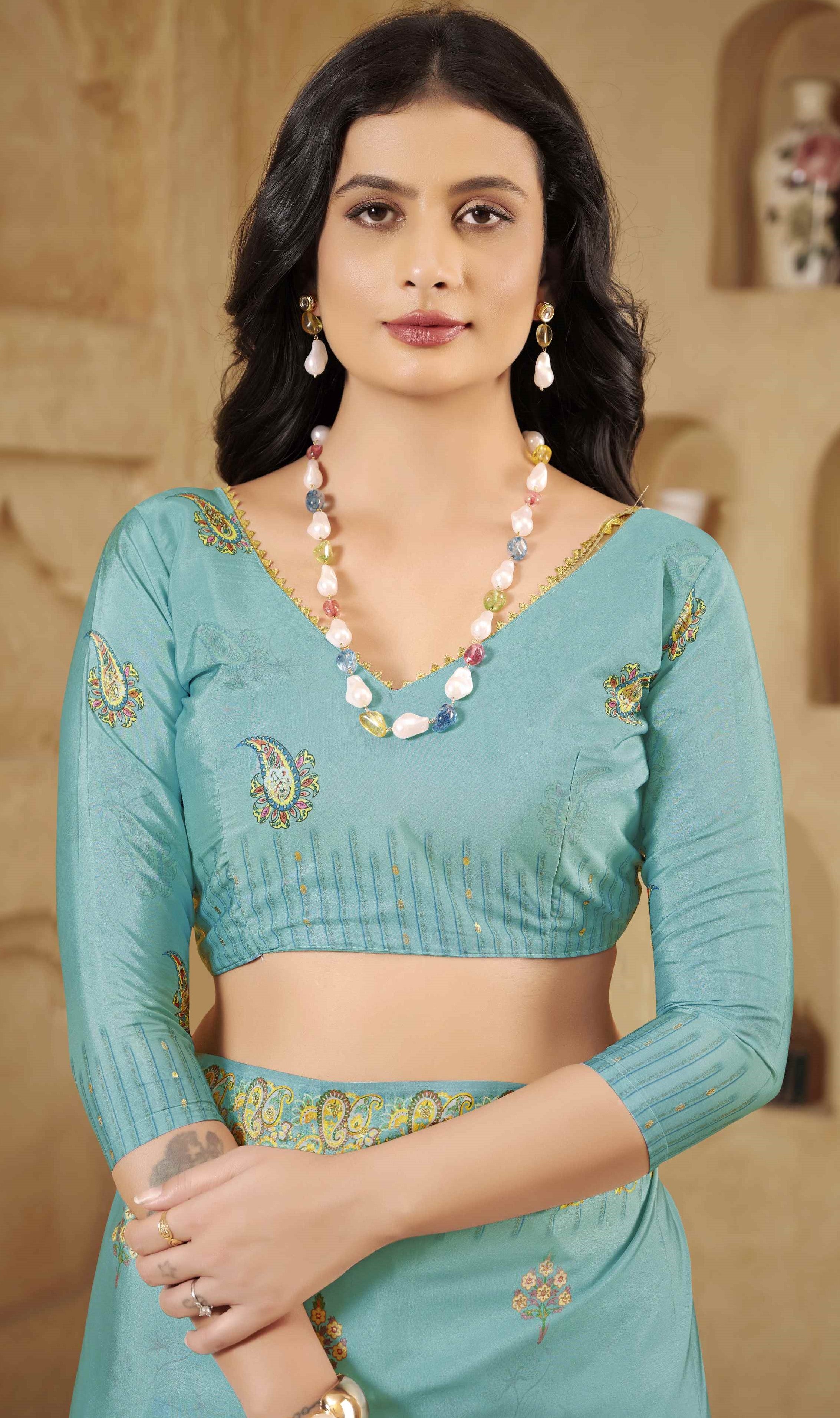 Teal Blue Beautiful Designer Position Digital Foil Printed Crepe Silk Designer Partywear Saree