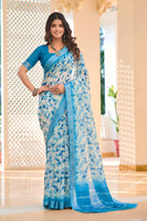 Teal Blue Beautiful Linen Cotton Designer Festive Wear Saree